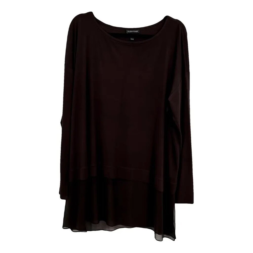 Eileen Fisher 100% Silk Sheer Hem Bateau Neck Tunic Top Brown XL - Picture 2 of 9
